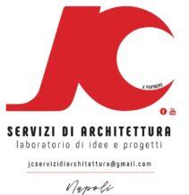 Logo di JC & Partners Servizi di Architettura. Il logo è caratterizzato da una grande lettera 'JC' in rosso con un design stilizzato, accompagnato dalla scritta 'Servizi di Architettura - laboratorio di idee e progetti'. Sono inclusi i contatti email (jcservizidiarchitettura@gmail.com) e il riferimento alla città di Napoli. Sono visibili anche le icone di YouTube e Facebook per i collegamenti ai social media